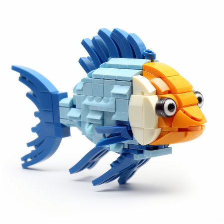 a blue and orange toy fish made from legos, featuring a realistic yet stylized design. this unique creation combines elements of monochromatic compositions, vray tracing, baroque animals, and cartoonish characters. the fish is predominantly light blue and light beige in color, reminiscent of the artistic style of carl barks. ai generatedの素材