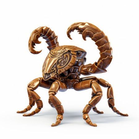 a 3d printed metal scorpion, inspired by detailed science fiction illustrations, is depicted in this high-resolution image. the scorpion showcases a light brown color and exhibits characteristics of various animals. this unique creation combines elements of aetherclockpunk and features cartoony characters, reflecting the artistic style of aries moross. ai generatedの素材