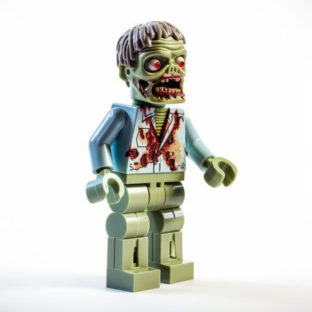 a lego zombie miniature model is showcased in this photograph. the model is digitally enhanced, with a low depth of field, and features light indigo and light green colors. the pop culture imagery is captured against a white background, creating photographically detailed portraitures. the model's design follows a modular constructivism approach. ai generatedの素材