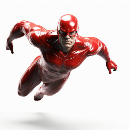 a red superhero soars through the air, showcasing hyperrealistic precision in a monochromatic intensity. the image captures the sleek metallic finish of the superhero's suit, with a combination of light gray and light crimson hues. the precisionist style and commercial imagery are enhanced by the use of multiple flash techniques. ai generatedの素材