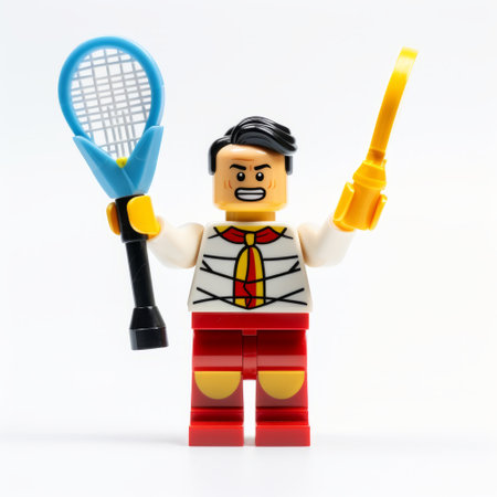 a lego figure holding a tennis racquet, featuring a unique blend of mixed patterns and detailed costumes. this figure embodies a sense of heroic masculinity with a touch of chinapunk influence. the color palette of light yellow and maroon adds to its distinctive aesthetic. inspired by the artistic movement of dau al set and the trend of felinecore. ai generatedの素材