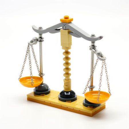 the lego scale is a unique balance designed specifically for weighing and balancing lego pieces. it features a stylish combination of light amber and beige colors, with influences from queer academia and japonism. the pieces are beautifully crafted in light indigo and yellow, representing chemical reactions. captured with iso 200, the scale also incorporates elements of light silver and black. ai generatedの素材