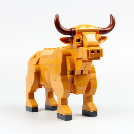 a yellow lego bull stands prominently on a white background, captured in the artistic style of fujifilm natura 1600. the terracotta hue adds warmth to the monochromatic color scheme, while vray tracing enhances the realism. with elements of primitivist art and the dau-al-set movement, this image exudes a captivating blend of light orange tones. ai generatedの素材
