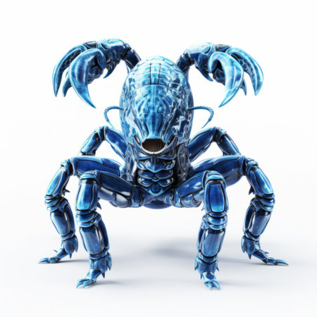 a 3d rendering of a scorpion-shaped creature made of heavy metal, showcasing a fusion of technology. the creature features a sleek design with a light blue and indigo color scheme. its shiny eyes add a captivating touch, reminiscent of xbox 360 graphics. inspired by the concepts of buckminster fuller, this creation embodies a blend of raw vulnerability and the power of intel core technology. aiの素材