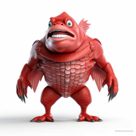 two red fish 3d characters, resembling aggressive digital illustrations, are depicted in a monochromatic style. the artwork draws inspiration from dragoncore, konica big mini, unreal engine 5, ssaku hanga, and grotesque caricatures. ai generatedの素材