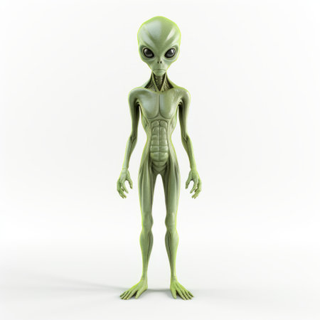 an alien, resembling a red ball, is depicted in this highly detailed and realistic photo. the alien stands against a white background, showcasing its slender and exaggerated poses. with light green and gray hues, the sculpture-like figure features a zeen chin and a sculpted, skeletal appearance. ai generatedの素材