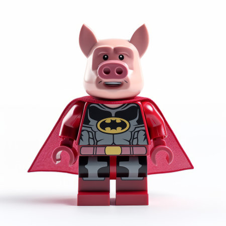 batman bat pig is depicted in this photo wearing a batsuit. the artwork showcases a unique style with a combination of light red and light crimson colors. the characters are imaginative and the figures are highly detailed. the composition features bold color blocks, reminiscent of the works of david normal, a dutch and flemish artist. alpo jaakola's influence can also be seen in this captivatingの素材