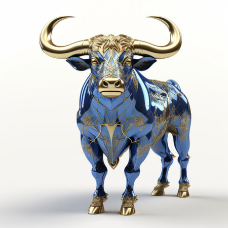 a 3d rendered gold bull with a unique character design, featuring precisionist lines and bold patterns. this national geographic photo showcases the metal composition of the bull, influenced by ethnographic styles with a mix of light blue and indigo colors. ai generatedの素材