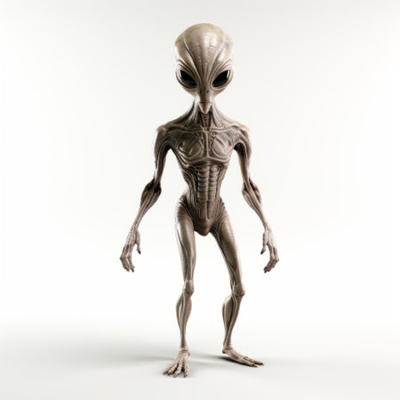 3d alien illustration featuring a white-colored extraterrestrial creature. the illustration showcases a dark beige and gray color scheme, with a paleocore style. the alien is depicted in full body, with supernatural realism. the white background enhances the precisionist lines and exaggerated proportions of the illustration. ai generatedの素材