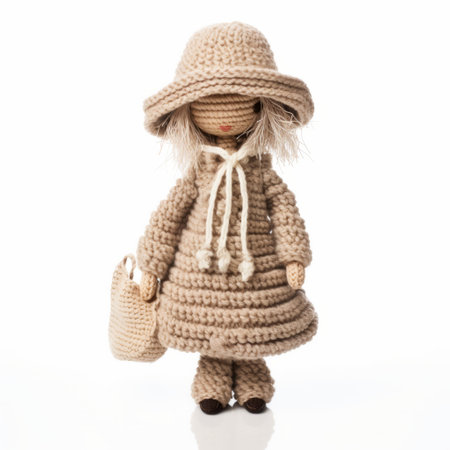 a small doll, in the style of dark beige and light beige, wearing a hat and a coat. this whimsical weaving creation showcases a monochromatic color scheme with natural materials. inspired by dutch tradition and designed by women, this doll stands out against a white background. ai generatedの素材