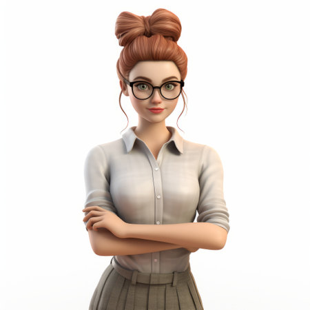 professional woman wearing glasses in business attire, depicted as a charming character in a 3d model with a disney animation style. the illustration showcases youthful protagonists and utilizes a soft-focus technique. this innovative depiction combines elements of lowbrow art with a nod to 19th-century techniques. ai generatedの素材