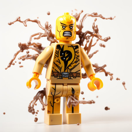 a lego figure stands amidst a splatter of chocolate, resembling a comic book illustration. the figure is dark yellow and beige, with a dynamic energy flow. its facial expression is intense and powerful, complemented by heavy inking. the scene is reminiscent of a cobra, adding to the overall intensity. ray collins' artistic style is evident in this captivating photo. ai generatedの素材