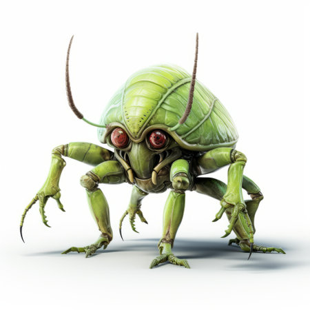 a green bug, with exaggerated caricature features, stands on a white background in this sci-fi realism style image. the artwork draws inspiration from the art of tonga, 2d game art, national geographic photos, xbox 360 graphics, and necronomicon illustrations. ai generatedの素材