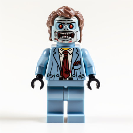 the lego mini figure featured in this photo showcases a unique style of robotic expressionism. with a black beard and white short hair, it exudes a captivating blend of light aquamarine and red colors. this horror-inspired creation captures the essence of mort knstler's artistry. the photo was skillfully taken using a nikon d750 camera, enhancing the details and bringing the figure to life. ai generatedの素材