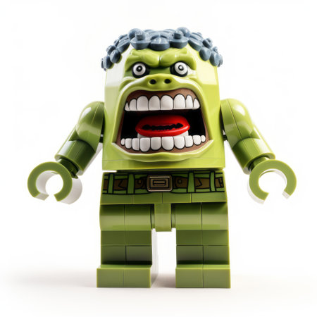 the lego minifig figure of the incredible hulk is depicted with his mouth open, showcasing the iconic character's fierce expression. this photorealistic rendering captures the essence of the hulk's power and intensity. the image has a grotesque satire vibe, reminiscent of comic art. the lensbaby effect adds a unique touch to the overall composition. the inclusion of anthropomorphic animals and the reference to the argusの素材
