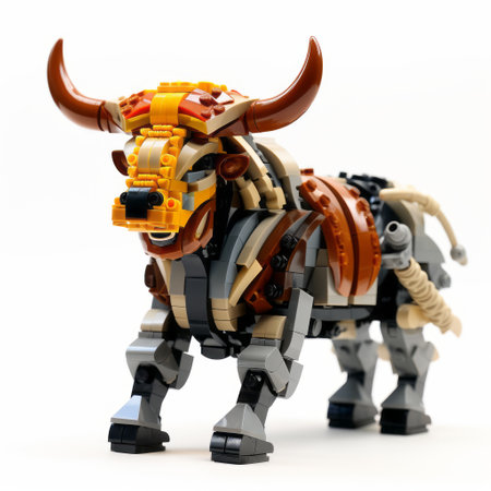 the lego-built bull, captured in this photo taken with a nikon d750, showcases a striking resemblance to the bull featured in a korean film. with its gray and amber color palette, tribal abstraction, and detailed character design, this steampunk-inspired creation exudes grace in its movements. the combination of light orange and dark beige adds depth to its overall aesthetic. ai generatedの素材