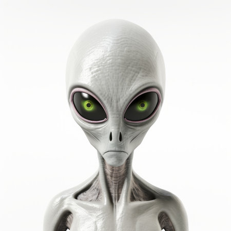 a 3d humanoid alien with an intense gaze stands on an isolated background. the alien is depicted in light gray and green colors, giving it a whimsical yet eerie appearance. the image is captured using lensbaby optics, creating an eye-catching effect. the white background enhances the alien's presence. the image is available under a creative commons attribution license. ai generatedの素材