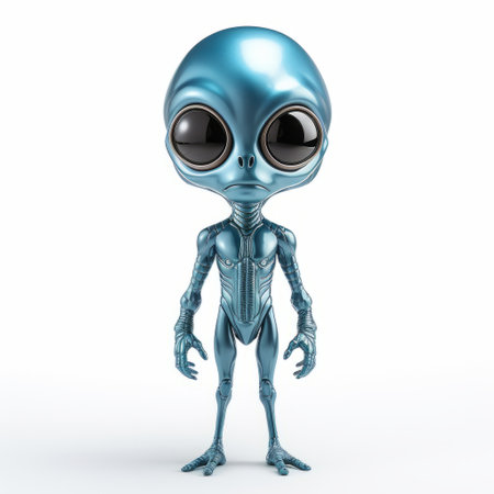 a cartoon alien with a metal head, pointing away from the viewer. the alien is depicted in a light cyan and silver color scheme, with highly detailed realism. its eyes are shiny and the figure is isolated. the proportions are dark and groovy, giving the alien a sleek appearance. ai generatedの素材
