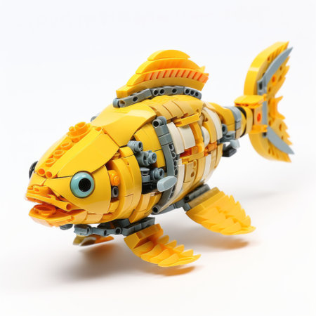 a lego fish with big yellow eyes swims in a naturalistic ocean wave. this detailed and intricate composition, created in the style of kenro izu, features light orange and light gold hues. volumetric lighting adds depth to the scene, while precisionist lines and shapes enhance the overall aesthetic. captured through a fisheye lens, this image showcases the beauty of lego art in a unique andの素材