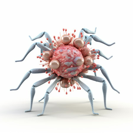 an animated bacterial cell with small eyes on a white background. the surreal human figures, spiky mounds, light pink and light navy colors, intricate webs, dynamic pose, and spherical sculptures create a wimmelbilder-style composition. ai generatedの素材
