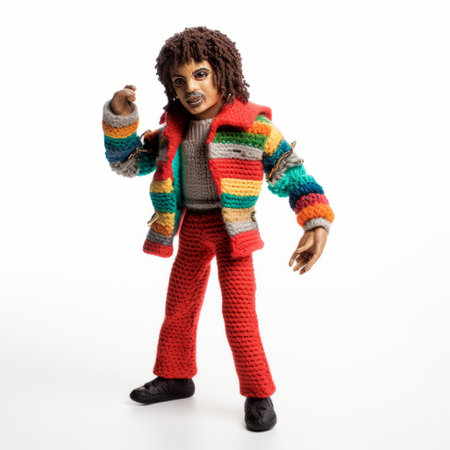 a knitted doll, adorned in a vibrant and colorful sweater, showcases the unique style of junglepunk. this full-body maquette captures the essence of classic rock and movie stills, while incorporating afro-colombian themes. the doll's outfit is a perfect blend of creativity and cultural inspiration, beautifully captured on fujifilm provia film. ai generatedの素材
