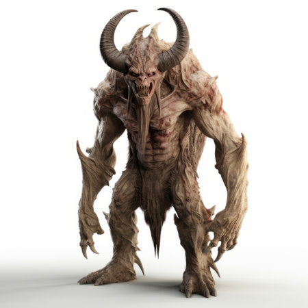 a creature with large horns and huge muscles stands in space, rendered in the style of unreal engine. this supernatural realism artwork features spiky mounds and eerily realistic details. inspired by david finch's grotesque characters, the creature is depicted in a dark white and light brown color scheme. ai generatedの素材