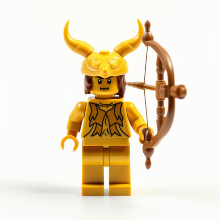 a lego warrior, inspired by mythological references, is depicted in a light yellow and gold color scheme. with detailed facial features, the warrior is seen holding a bow and crossbow with one arm. the composition showcases isometric angles and incorporates symbolic use of animals. this captivating image was captured using a nikon d850. ai generatedの素材
