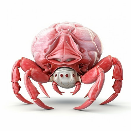 a white clam and red crab are depicted in this whimsical cyborg-themed 3d render photo. the creatures are rendered in light pink, showcasing fine attention to anatomy. the overall style is a blend of fantastic grotesque and bugcore, with trapped emotions being skillfully depicted. ai generatedの素材