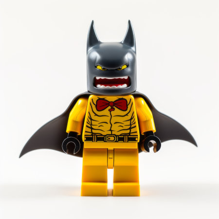 a black lego batman mannequin head with a bow tie, styled after the tokina at-x 11-16mm f2.8 pro dx ii lens. this unique composition showcases bold and graphic elements, daring experimentation, and dynamic action scenes. the full body shot highlights the strong use of color, with a mix of gray and amber tones. ai generatedの素材