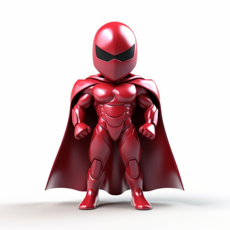 a 3d model of a red superhero in armor, shirt, and cape, with toy-like proportions and shiny eyes. the style is reminiscent of makoto shinkai's monochromatic mastery. the photo is shot on 70mm film, showcasing the isolated figures in a light maroon color scheme. ai generatedの素材