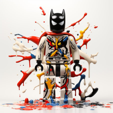 a lego batman figure with a vibrant and colorful face, covered in red, blue, and yellow paint. the artistic style of jim mahfood, vray, and nick knight is evident in this surrealistic portrayal. the detailed character illustration showcases the creator's skill in crafting multi-layered compositions, reminiscent of installation art. ai generatedの素材