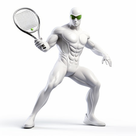 a white man is depicted in this photo, holding a tennis racquet. the artwork showcases a unique blend of futuristic realism and superhero themes, with sculpted forms that draw inspiration from absinthe culture. the reinterpreted human form is reminiscent of xbox 360 graphics, creating a visually captivating piece. created by the talented artist sliman mansour. ai generatedの素材
