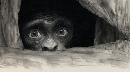 a young chimpanzee, depicted in a pencil drawing, playfully peeks out from behind a hole. this artwork, inspired by the styles of guillem h. pongiluppi and werner herzog, showcases narrative-driven visual storytelling and rough-edged 2d animation. the dark gray tones add depth to the depiction of animals, capturing the essence of alex petruk's ape-inspired artwork. ai generatedの素材