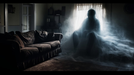 a photo taken with a nikon d750 captures ghostly forms in a dreamlike setting. the image, processed with darktable, showcases a suburban ennui capturer, with misty and ethereal elements. the uhd quality enhances the dreamlike visuals, making it a perfect inspiration for ghost story ideas for kids. ai generatedの素材