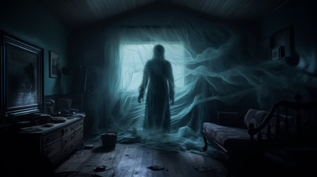 the photo captures a ghostly girl made of mist in a room, creating a dramatic and somber atmosphere. this 8k 3d image, with its uhd quality, beautifully portrays the suburban ennui and religious undertones. it resembles a captivating speedpainting, reminiscent of national geographic's stunning works. ai generatedの素材