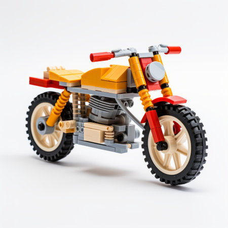 a vintage-inspired lego motorcycle design featuring a dark yellow and light orange color scheme. the close-up shot showcases the intricate details and intensity of the adventure-themed creation. set against a white background, the motorcycle exudes a nostalgic 1970s atmosphere with dusty piles and the use of common materials. ai generatedの素材