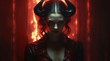 a devil girl with intense close-up intensity is featured in this hd wallpaper. the portrait, in the style of beeple, showcases soft lighting and a tenebrism-inspired atmosphere. shot on 70mm, the image captures the dark brown and crimson tones, creating a captivating and mesmerizing visual experience. ai generatedの素材