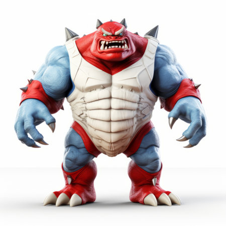 the evil alien ogg is a large red and blue toy with a spiked mouth. this photorealistic rendering captures the action-packed cartoon style, reminiscent of stone, white, and crimson. inspired by marvel comics and the mythical creature manticore, ogg is a captivating figure that embodies suburban ennui. ai generatedの素材