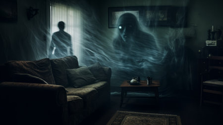 a ghost in a home wallpaper, captured in a hauntingly beautiful photograph. this image showcases the artistic style of multiple exposure, creating dystopian atmospheres and photorealistic scenes. the motion blur adds an eerie touch, while chilling creatures lurk in the shadows. reminiscent of a national geographic photo, this dark and ominous image is sure to captivate. ai generatedの素材