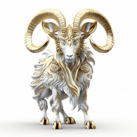 a 3d rendering of a golden and white image featuring cygonia lulluoh ram, a bold and manga-inspired character. this artwork combines elements of timeless mythology with a mix of realistic and fantastical elements. the highly detailed figures stand against a white background, reminiscent of the kushan empire. crafted with aluminum, this piece showcases intricate craftsmanship. ai generatedの素材