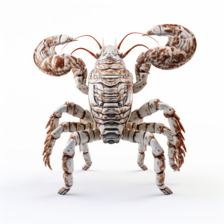 a cyberpunk surrealism-inspired photo featuring a crab standing on a white background. the crab showcases a unique blend of white and brown tones with metallic finishes, creating an innovative and visually striking composition. the image incorporates photobashing techniques, resulting in a mottled and captivating aesthetic reminiscent of a manticore. ai generatedの素材