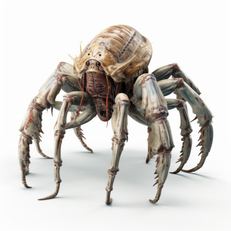 a big spider in 3d, resembling detailed science fiction illustrations, is depicted in white and beige colors. the artwork exudes a gritty horror comics vibe, while also incorporating elements of indigenous culture. the raw character of the spider is brought to life with xbox 360 graphics, making it a captivating and characterful animal portrait. ai generatedの素材