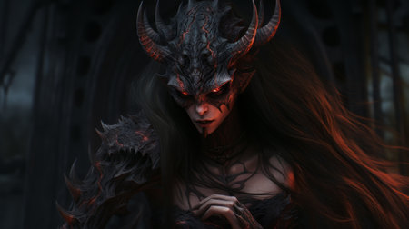 a stunning decowolf woman with a skeletal face and fiery red devil wings is depicted in this vray tracing-style artwork. the piece showcases intricate dragon art, combining dark black and light black tones. commissioned for textural explorations and referential painting, it draws inspiration from the dansaekhwa movement. ai generatedの素材
