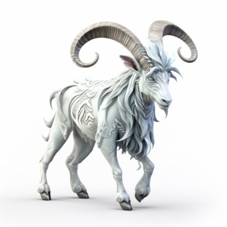 the animal, adorned with a white horned cap, stands in a detailed fantasy art style reminiscent of zbrush. its delicate markings and xbox 360 graphics add to its captivating appearance. created by aries moross, this artwork showcases the animal against a white background, evoking a sense of techno shamanism. ai generatedの素材
