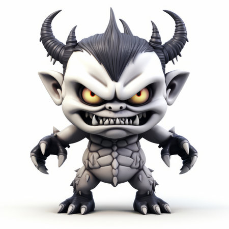 an angry dwarf 3d model with a fantastical and imaginative appearance. the model features dark white and black colors, toy-like proportions, and a shadowy intensity. it showcases colorful grotesques and a dracopunk style, enhanced digitally for a captivating effect. ai generatedの素材