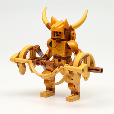 a lego ninja miniature golden knight is depicted in this photo, showcasing a cartoonish character design inspired by aries moross. the earthy color palette and strong use of color add depth to the image. captured with a tamron 24mm f/2.8 di iii osd m12 lens, this photo exudes a sense of heroic masculinity. ai generatedの素材