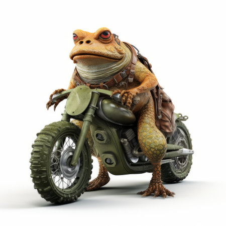 the frog showcases a unique image of a mountain bike on its back, featuring a dieselpunk-inspired style. rendered with meticulous attention to detail using octane render, the image captures a realistic depiction. the color scheme of white and amber adds to its visual appeal. with an artistic touch of troubadour style, the frog exudes a sense of high-speed sync, while the inclusion of "rtx on"の素材