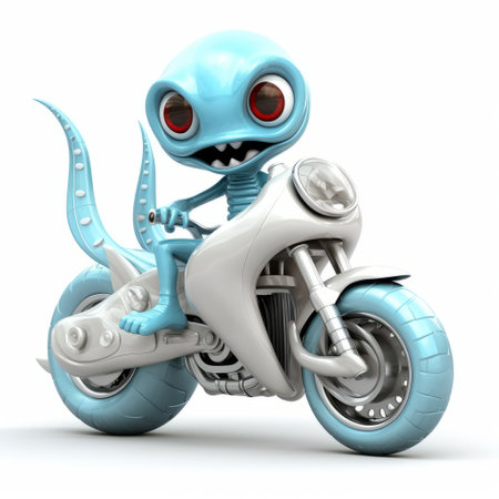 blue cartoon character riding a bike in the water illustration, featuring a cybernetic sci-fi style. the adorable toy sculptures add a touch of uniqueness to this lovecraftian-themed artwork. the white and aquamarine color palette enhances the overall aesthetic. the shiny eyes of the character bring life to the image. this captivating illustration can be found on flickr and is reminiscent of auto body works. aiの素材