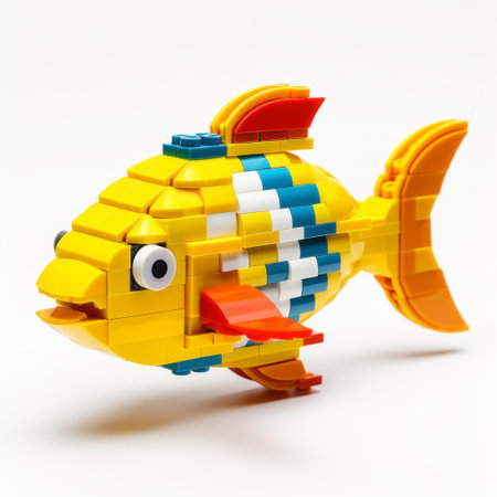 the toy fish, designed in the style of golden ratio, features two vibrant pink sides. its pixel-art design showcases a mix of dark yellow and light orange hues. captured using a canon eos 5d mark iv, this modular construction toy stands out against a clean white background, embodying a unique chinapunk aesthetic. ai generatedの素材