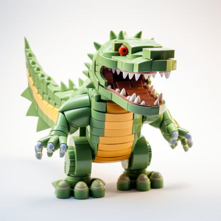 a lego dinosaur with an open mouth and huge arms, designed in the style of psychotic cubism. captured using a wide-angle lens, this light green creation features cartoonish elements, jagged edges, and a dynamic pose reminiscent of the figura serpentinata. shot with a rollei prego 90, this photo showcases the unique and playful nature of this lego masterpiece. ai generatedの素材
